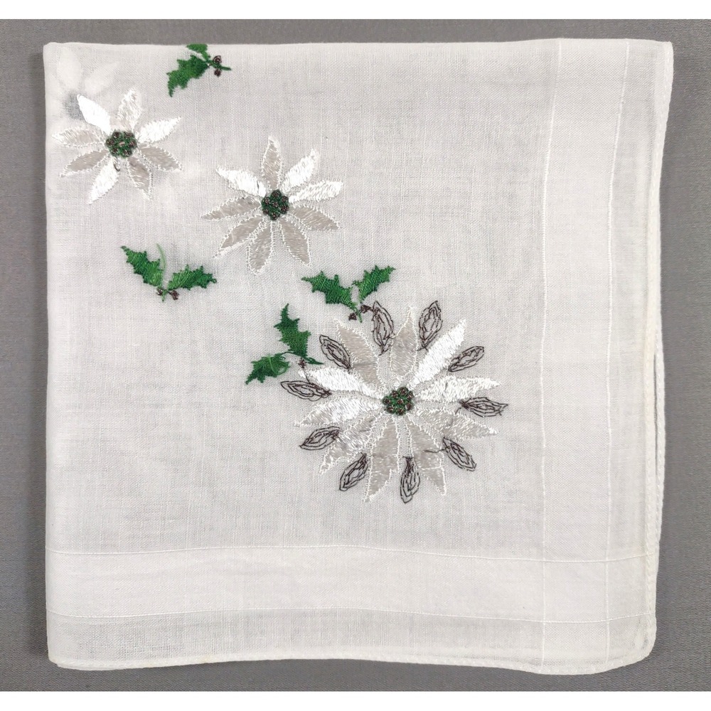 Vintage White Poinsettia Holly Embroidered Cotton Handkerchief Christmas 11x11